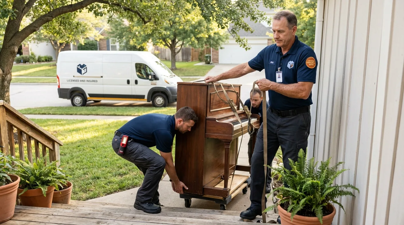Licensed piano movers securing grand piano in Inman, KS