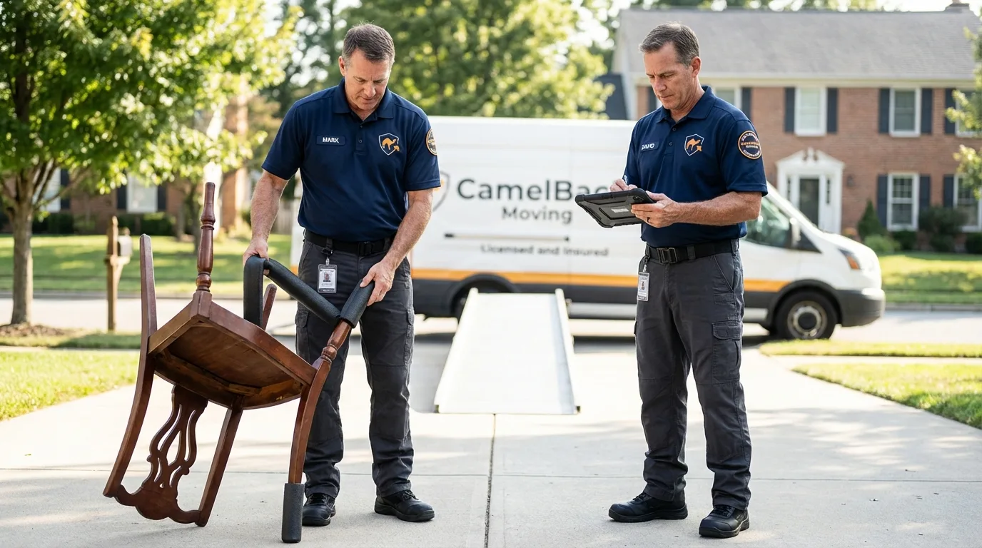 Movers inspecting furniture for damage prevention before loading in Inman, KS