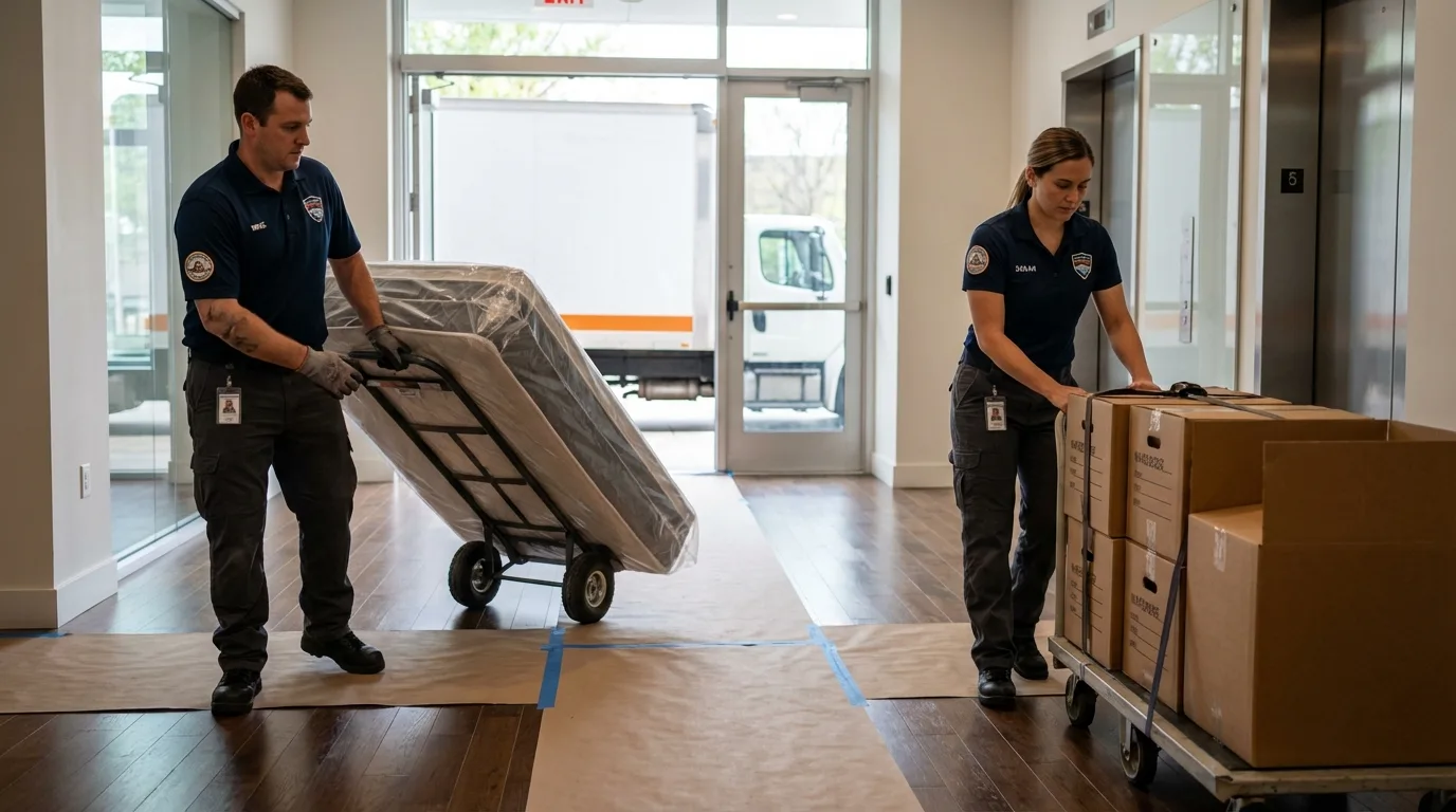Professional apartment movers loading elevator in Inman, KS